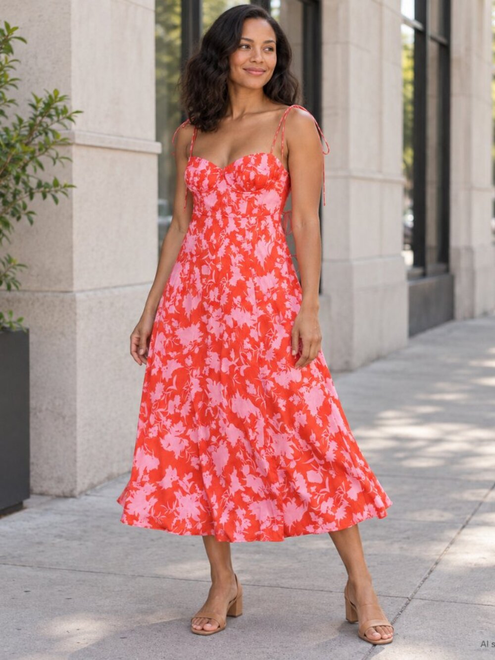 ASTR The Label Red Pink Floral Strappy Midi Dress Size S